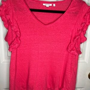 Chico's Linen Vibrant Pink V-Neck Ruffle Sleeve Top